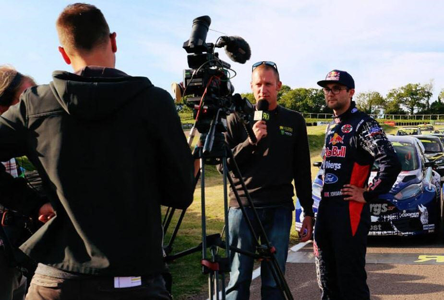 Andrew asking the post-race questions to BTCC champion and Rallycross driver, Andrew Jordan in 2014 Credit: Tom Banks Photography