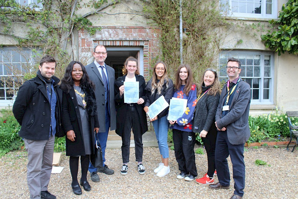 (L-R) Jonathan Searle, Head of Curriculum; Councillor Janet Baah, Mayor of Lewes; Fred Carter, Principal of East Sussex College, Lewes; Amy Hartley; Imogen  McIntosh - Roffey; Fran MacGregor - Mitchell; Jo Cripps, Applied Photography Coordinator; James DiBiase, Curator and Art & Design Diploma Coordinator.