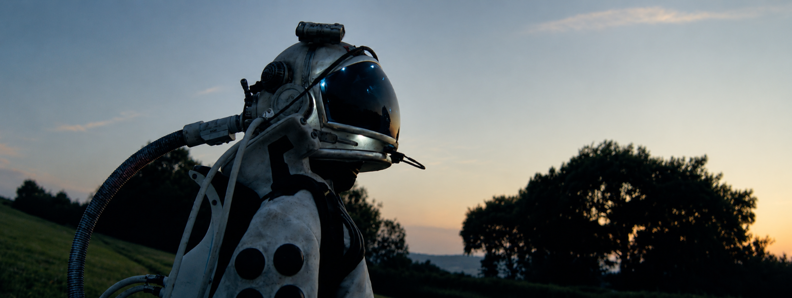 The astronaut standing in a field at dusk
